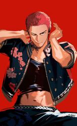 Rule 34 | 1boy, cowboy shot, highres, looking at viewer, male focus, midriff, nbss sd, one eye closed, red background, red hair, sakuragi hanamichi, short hair, simple background, slam dunk (series), solo