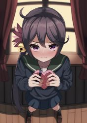 Rule 34 | 1girl, akebono (kancolle), bell, black socks, blue skirt, blush, box, brown footwear, closed mouth, collarbone, curtains, flower, from above, gift, gift box, hair bell, hair between eyes, hair flower, hair ornament, heart-shaped box, highres, holding, holding gift, jingle bell, kantai collection, kneehighs, loafers, long hair, long sleeves, pink flower, pleated skirt, purple eyes, purple hair, shoes, side ponytail, skirt, socks, solo, totoraisu, valentine, wavy hair, window