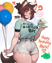 Rule 34 | 1girl, ?, absurdres, animal ears, balloon, birthday cake, blush, borrowed character, breasts, brown hair, cake, cake slice, clothes writing, dog ears, dog girl, dog tail, english text, fang, food, happy birthday, highres, holding, holding plate, large breasts, original, plate, redlettermedia, shirt, short sleeves, shorts, slime (creature), speech bubble, tail, thick eyebrows, toxxy, vicky wang, white shorts