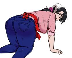 Rule 34 | 1girl, all fours, apron, artist request, ass, black hair, bleach, blush, breasts, brown eyes, denim, gloves, huge breasts, lips, long hair, looking at viewer, looking back, low ponytail, pants, ponytail, red apron, sex, sex from behind, shirt, simple background, solo, sweat, unagiya ikumi, white background, wide hips