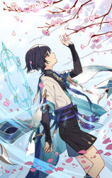 Rule 34 | 1boy, black bow, black hair, black shirt, black shorts, blue cape, blunt ends, bow, branch, bridal gauntlets, cape, closed mouth, commentary request, eyeshadow, flower, genshin impact, hair between eyes, hand up, hei lang, highres, holding, holding flower, jacket, looking up, makeup, male focus, open clothes, open jacket, petals, pink flower, pom pom (clothes), profile, purple eyes, purple sash, red eyeshadow, rope, sash, scaramouche (genshin impact), shirt, short hair, short sleeves, shorts, smile, solo, tassel, vision (genshin impact), wanderer (genshin impact), white jacket, wide sleeves, wind