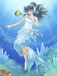 Rule 34 | 1girl, anklet, barefoot, black hair, bracelet, brown eyes, coral, crystal, earrings, feet, fish, freediving, hair ornament, jewelry, long hair, looking at viewer, mugen no fantasia, ocean, one-piece swimsuit, sarong, skirt, solo, sunlight, swimming, swimsuit, takamura kai, underwater, very long hair, water, white one-piece swimsuit