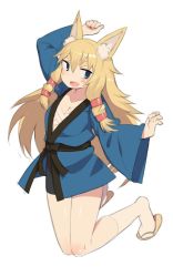 Rule 34 | 1girl, :d, animal ears, arm up, blonde hair, blue eyes, blue jacket, blush, breasts, cleavage, commentary request, fang, fox ears, full body, harau, jacket, japanese clothes, jumping, long hair, long sleeves, medium breasts, open mouth, original, sandals, sarashi, simple background, smile, solo, tabi, white background, white legwear, wide sleeves