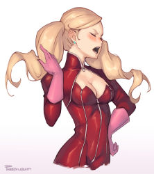 Rule 34 | 1girl, blonde hair, blush, breasts, cleavage, ear blush, earrings, closed eyes, frown, gloves, jewelry, long hair, medium breasts, open mouth, persona, persona 5, phrecklesart, pink gloves, simple background, solo, takamaki anne, teeth, twintails, white background