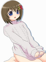 Rule 34 | 00s, 1girl, :d, bare legs, barefoot, blue eyes, brown hair, hair ornament, long sleeves, lyrical nanoha, mahou shoujo lyrical nanoha, mahou shoujo lyrical nanoha a&#039;s, open mouth, simple background, sitting, smile, solo, sweater, wariza, white background, x hair ornament, yagami hayate