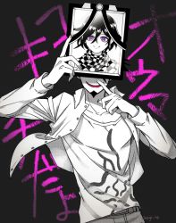 Rule 34 | 1boy, arm up, black background, checkered clothes, checkered scarf, collared shirt, commentary request, danganronpa (series), danganronpa v3: killing harmony, facial hair, facing viewer, goatee, grin, hand up, holding, iei, male focus, momota kaito, nagi to (kennkenn), open clothes, open mouth, open shirt, oma kokichi, pants, print shirt, scarf, shirt, smile, solo, spoilers, spot color