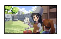 Rule 34 | 2girls, :d, black hair, border, breasts, brown hair, brown vest, bucket, bucket on head, clipboard, day, detonator, fang, gameplay mechanics, goggles, goggles on head, grey shirt, hand on own hip, highres, holding, holding clipboard, house, knife, long hair, long sleeves, medium breasts, multiple girls, object on head, open mouth, original, outdoors, ponytail, red eyes, shirt, skin fang, slime (creature), smile, statue, suweeka, sweatdrop, terraria, transparent border, tree, vest, wall, wire