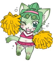 Rule 34 | 1girl, cat, cheerleader, furry, green eyes, green hair, long hair, midori (nakagami takashi), nakagami takashi, one eye closed, open mouth, original