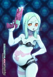 Rule 34 | black bra, black nails, black panties, bra, cameltoe, cigarette, cleft of venus, colored sclera, commentary, covered erect nipples, cowboy shot, cyberpunk (series), cyberpunk edgerunners, cyborg, english commentary, geewhy, green hair, gun, highres, holding, holding gun, holding weapon, leg tattoo, long hair, nail polish, navel, neck tattoo, panties, parted bangs, pregnant, rebecca (cyberpunk), red sclera, stomach tattoo, subscribestar username, tattoo, underwear, underwear only, weapon