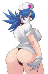 Rule 34 | 1girl, ass, blue hair, breasts, choker, eyeshadow, gloves, hat, hidrapink, highres, large breasts, latex, latex gloves, looking at viewer, looking back, makeup, mask, mouth mask, nurse cap, panties, partially visible vulva, ponytail, red eyes, skullgirls, solo, spread ass, surgical mask, thick thighs, thighs, underwear, valentine (skullgirls), white background