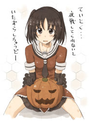 Rule 34 | 10s, 1girl, black gloves, black neckerchief, brown eyes, brown hair, elbow gloves, gloves, jack-o&#039;-lantern, kantai collection, looking at viewer, mashayuki, neckerchief, personification, pleated skirt, school uniform, sendai (kancolle), serafuku, skirt, solo, translation request, twintails, two side up
