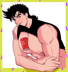 Rule 34 | 1boy, abs, battle tendency, between pectorals, biceps, clothes lift, derivative work, green eyes, grin, jojo no kimyou na bouken, joseph joestar, joseph joestar (young), looking at viewer, male focus, mouth hold, muscular, muscular male, nipples, object on pectorals, pectorals, shirt lift, smile, smirk, smug, solo, spadelake, spiked hair