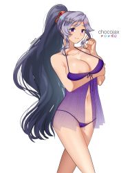 Rule 34 | 1girl, artist name, bare legs, bare shoulders, breasts, center opening, chocojax, cleavage, cloak, collarbone, dress, fire emblem, fire emblem: genealogy of the holy war, gown, highres, ishtar (fire emblem), large breasts, long hair, navel, nightgown, nintendo, panties, ponytail, purple eyes, purple hair, see-through, silver hair, smile, solo, stomach, underwear
