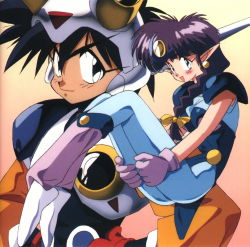 Rule 34 | 1990s (style), 1boy, 1girl, arara cocoa, armor, baba lamune, black eyes, black hair, blush, braid, earrings, gloves, hair ornament, hair over shoulder, hands on own hips, headgear, jewelry, long hair, long sleeves, low-tied long hair, ng knight lamune &amp; 40, non-web source, official art, open mouth, pantyhose, pointy ears, purple hair, retro artstyle, scan, short hair, single braid, sleeveless, smile