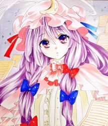 Rule 34 | 1girl, :o, blue bow, book, bow, crescent, crescent hat ornament, dress, hair between eyes, hat, hat ornament, long hair, marker (medium), matsuppoi, mob cap, patchouli knowledge, purple eyes, purple hair, ribbon, solo, touhou, traditional media