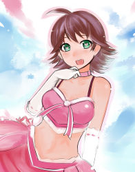 Rule 34 | 1girl, ahoge, awakened miki, bare shoulders, breasts, brown hair, collar, elbow gloves, gloves, green eyes, heart, heart-shaped pupils, hoshii miki, idolmaster, idolmaster (classic), nerotarou, open mouth, short hair, smile, solo, symbol-shaped pupils