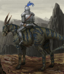 Rule 34 | 1other, ambiguous gender, ame sagari, armor, bag, brown bag, brown horns, cliff, cloud, cloudy sky, commentary, day, dragon, dragon horn, dragon tail, from behind, full armor, full body, green scales, green tail, helm, helmet, holding, holding reins, horns, horse, horseback riding, knight, mountain, original, other focus, outdoors, reins, riding, shoulder bag, sky, solo, tail