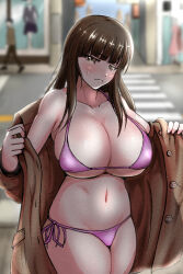 Rule 34 | 1girl, bikini, black eyes, black hair, blunt bangs, blurry, blurry background, blush, breasts, brown coat, cleavage, closed mouth, coat, commentary, commentary request, cowboy shot, day, depth of field, exhibitionism, frown, girls und panzer, groin, half-closed eyes, halterneck, head tilt, huge breasts, long hair, long sleeves, looking at viewer, mature female, navel, nishizumi shiho, open clothes, open coat, opened by self, outdoors, pink bikini, public indecency, side-tie bikini bottom, solo, standing, straight hair, string bikini, sweatdrop, swimsuit, trench coat, yahow