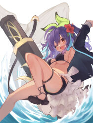 Rule 34 | 1girl, ahoge, arm up, armpits, belt, bikini, black belt, black bikini, black footwear, black jacket, black shorts, blue ribbon, blush, breasts, cannon, commentary, fang, flower, frilled skirt, frills, green bikini, green ribbon, hair between eyes, hair flower, hair ornament, hair ribbon, highres, honolulu (mist train girls), jacket, large breasts, long sleeves, looking at viewer, medium hair, mismatched bikini, mist train girls, mole, mole under eye, one eye closed, open clothes, open jacket, open mouth, orange eyes, purple hair, red flower, ribbon, shorts, showgirl skirt, skin fang, skirt, solo, swimsuit, thigh strap, tomisaka yorui, two side up, water, whale, white background