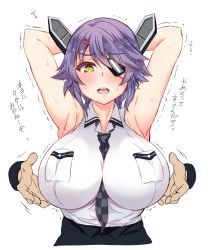 1girl, abenattou, armpits, arms behind head, arms up, between breasts, breast pocket, breasts, checkered, checkered neckwear, eyepatch, headgear, huge breasts, impossible clothes, impossible shirt, kantai collection, necktie, necktie between breasts, pocket, purple hair, remodel (kantai collection), school uniform, shirt, short hair, solo focus, tenryuu (kancolle), upper body, yellow eyes
