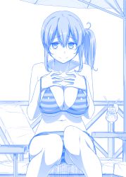Rule 34 | 1girl, bare shoulders, bikini, blue theme, breasts, chair, cleavage, cup, drink, drinking glass, female focus, hair between eyes, hands on own chest, hands on own face, himura kiseki, large breasts, looking at viewer, lounge chair, monochrome, navel, original, outdoors, side-tie bikini bottom, side ponytail, sitting, smile, solo, string bikini, swimsuit, untied bikini