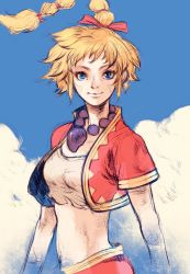 Rule 34 | 1girl, bandages, blonde hair, blue eyes, breasts, chrono cross, closed mouth, cloud, crop top, cropped jacket, high ponytail, highres, jewelry, kid (chrono cross), long hair, looking at viewer, midriff, multi-tied hair, navel, necklace, outdoors, ponytail, sky, smile, solo, vest