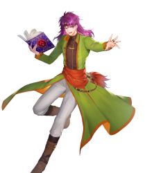 Rule 34 | 1boy, :d, black shirt, book, boots, brown footwear, coat, fire emblem, fire emblem: the binding blade, fire emblem heroes, green coat, hairband, highres, holding, holding book, hugh (fire emblem), ichibi, long hair, long sleeves, looking at viewer, male focus, nintendo, non-web source, official art, open clothes, open coat, open mouth, pants, purple eyes, purple hair, red sash, sash, shirt, smile, solo, transparent background, white pants