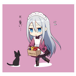 Rule 34 | 1girl, apple, banana, black cat, black pantyhose, blue eyes, boots, box, brown footwear, cat, cherry blossom print, chibi, floral print, flying sweatdrops, food, fruit, full body, grapes, highres, holding, holding box, japanese clothes, jitome, kimono, long hair, long sleeves, maid, maid headdress, open mouth, pantyhose, pink background, pink kimono, project sekai, shachi (kaisendon), solo, sweatdrop, translated, very long hair, wa maid, white hair, wide sleeves, yoisaki kanade