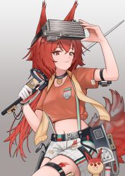 Rule 34 | 1girl, absurdres, animal ears, arknights, arm up, black choker, breasts, brown eyes, choker, commentary, cowboy shot, crop top, flametail (arknights), flametail (sport for all) (arknights), gloves, gradient background, grey background, hand up, head-mounted display, highres, holding, holding sword, holding weapon, lacie (laa acie), long hair, looking at viewer, medium breasts, midriff, navel, official alternate costume, orange shirt, over shoulder, red hair, shirt, short shorts, short sleeves, shorts, single glove, smile, solo, squirrel ears, standing, stomach, suspenders, sword, sword over shoulder, thigh strap, thighs, tied shirt, very long hair, weapon, weapon over shoulder, white gloves, white shorts