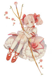 Rule 34 | 1girl, ankle ribbon, bobby socks, bow, bow (weapon), bubble skirt, center frills, choker, closed mouth, cross-laced footwear, crossed arms, eyelashes, flower, frilled skirt, frilled sleeves, frills, full body, gloves, hair ribbon, highres, holding, holding weapon, kaname madoka, knee blush, knees together feet apart, knees up, layered skirt, leaf, leg ribbon, light smile, lips, looking at viewer, magical girl, mahou shoujo madoka magica, mahou shoujo madoka magica (anime), mo sakana, pale color, pale skin, pink bow, pink eyes, pink flower, pink hair, pink rose, pink theme, puffy short sleeves, puffy sleeves, red choker, red footwear, red ribbon, ribbon, ribbon choker, rose, shoes, short sleeves, simple background, skirt, socks, solo, soul gem, staff, tareme, twintails, waist bow, weapon, white background, white gloves, white skirt, white socks