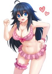 Rule 34 | 10s, 1girl, :d, ahoge, bare shoulders, bikini, black hair, blue eyes, blush, bracelet, breasts, cleavage, hand on own hip, heart, highres, jewelry, kazenokaze, large breasts, bridal garter, long hair, looking at viewer, navel, netoge no yome wa onna no ko janai to omotta?, open mouth, pink bikini, simple background, smile, solo, standing, swimsuit, tamaki ako, thigh strap, white background