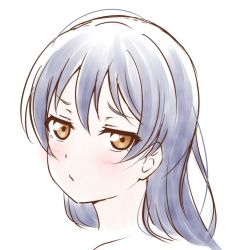 Rule 34 | 1girl, anibache, artist name, artist request, blue hair, blush, breasts, collarbone, female focus, frown, hair between eyes, half-closed eyes, long hair, looking at viewer, love live!, love live! school idol project, parted lips, portrait, smile, solo, sonoda umi, upper body, white background, yellow eyes