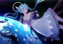Rule 34 | 1girl, absurdres, blue eyes, blue hair, breasts, collarbone, dress, floating hair, hair ribbon, hatsune miku, highres, holding, long hair, parted lips, ribbon, ryuutsuki basetsu, sky, sleeveless, sleeveless dress, small breasts, solo, space, star (sky), starry sky, tattoo, transparent wings, twintails, very long hair, vocaloid, white dress, white ribbon
