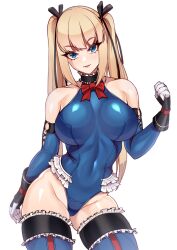 Rule 34 | 1girl, alternate breast size, bare shoulders, black gloves, black ribbon, blonde hair, blue eyes, blue leotard, blue theme, bodysuit, bow, bowtie, breasts, covered navel, dead or alive, gloves, hair ribbon, highleg, highleg leotard, highres, large breasts, leotard, looking at viewer, marie rose, red bow, red bowtie, ribbon, skin tight, smile, solo, tecmo, twintails, two-tone gloves, volyz, white gloves