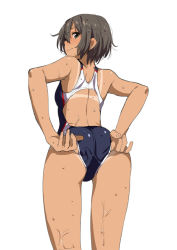 Rule 34 | 1girl, adjusting clothes, adjusting swimsuit, ass, back, brown hair, competition swimsuit, dark-skinned female, dark skin, green eyes, looking back, one-piece swimsuit, original, saitou masatsugu, shiny skin, short hair, smile, solo, swimsuit, tan, tanline, wedgie