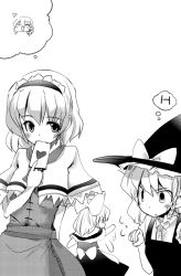 Rule 34 | 2girls, alice margatroid, braid, capelet, doll, female focus, frown, greyscale, hairband, hat, heart, kirisame marisa, letter, love letter, monochrome, monochrome, multiple girls, shanghai doll, takara akihito, touhou, witch, witch hat, yuri