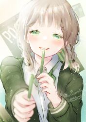 Rule 34 | 1girl, artist name, blazer, blunt bangs, blurry, blush, bow, bowtie, braid, collared shirt, commentary, depth of field, far (farstudio), food, foreshortening, giving, gradient background, green bow, green bowtie, green eyes, green jacket, hair tie, heart, highres, holding, holding food, jacket, light brown hair, long sleeves, looking at viewer, low twin braids, low twintails, medium hair, original, pocky, pocky day, romaji text, shirt, smile, solo, star (symbol), tongue, tongue out, twin braids, twintails, upper body, white shirt