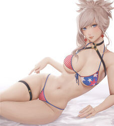 Rule 34 | 1girl, absurdres, american flag bikini, arm support, bed sheet, bikini, blue eyes, breasts, closed mouth, earrings, fate/grand order, fate (series), flag print, folded ponytail, front-tie bikini top, front-tie top, hand on own thigh, highres, jewelry, lips, looking at viewer, lying, medium breasts, miyamoto musashi (fate), miyamoto musashi (fate/grand order), miyamoto musashi (swimsuit berserker) (fate), navel, on side, print bikini, quilm, solo, string bikini, swimsuit, thigh gap, thigh strap, thighs, underboob, white hair