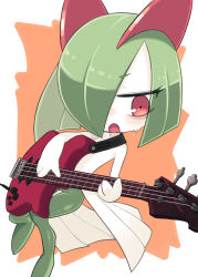 Rule 34 | bass guitar, colored skin, creatures (company), game freak, gen 3 pokemon, green hair, hair over one eye, highres, holding bass guitar, holding instrument, horns, ino (tellu0120), instrument, kirlia, multicolored skin, nintendo, open mouth, pink eyes, playing bass, playing guitar, pokemon, pokemon (creature), sidelocks, simple background, sweat, two-tone skin, white skin