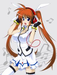 Rule 34 | 00s, 1girl, blue eyes, breasts, brown hair, feathers, fingerless gloves, gloves, headphones, impossible clothes, impossible shirt, large breasts, long hair, lyrical nanoha, mahou shoujo lyrical nanoha, mahou shoujo lyrical nanoha strikers, shirt, solo, takamachi nanoha, takamachi nanoha (aggressor mode), thighhighs, twintails, zeroero1