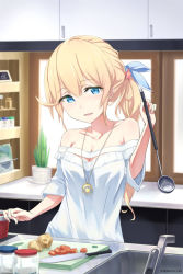 Rule 34 | 1girl, bad id, bad pixiv id, bare shoulders, blonde hair, blue eyes, blue ribbon, blush, breasts, cleavage, collarbone, commentary request, counter, countertop, cutting board, day, faucet, food, hair between eyes, hair ornament, hair ribbon, highres, holding, indoors, jar, jewelry, kitchen, kitchen knife, long hair, looking at viewer, loup, off-shoulder shirt, off shoulder, original, parted lips, pendant, plant, potted plant, ribbon, shirt, side ponytail, small breasts, smile, solo, star (symbol), star hair ornament, sunlight, white shirt, window