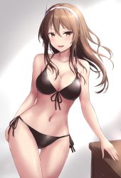 Rule 34 | 1girl, arm support, ashigara (kancolle), bare arms, bare legs, bare shoulders, bikini, black bikini, breasts, brown eyes, brown hair, cleavage, collarbone, cowboy shot, drawer, fangs, hairband, highres, kantai collection, large breasts, long hair, monoku, navel, open mouth, side-tie bikini bottom, smile, solo, swimsuit, white hairband