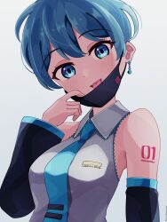 Rule 34 | 1girl, absurdres, alternate hair length, alternate hairstyle, arm tattoo, blue eyes, blue hair, blue necktie, blush, breasts, detached sleeves, earrings, eyelashes, grey shirt, hair between eyes, hatsune miku, highres, jewelry, looking at viewer, mask, medium breasts, mouth mask, necktie, open mouth, shirt, short hair, shoulder tattoo, smile, solo, tattoo, upper body, vocaloid, white background, zukimikan