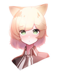Rule 34 | 1girl, absurdres, animal ears, arknights, beudelb, black jacket, black neckwear, blonde hair, blush, cat ears, commentary, green eyes, highres, jacket, korean commentary, looking at viewer, mousse (arknights), open clothes, open jacket, portrait, shirt, short hair, simple background, solo, white background, white shirt