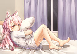 Rule 34 | 1girl, absurdres, animal ears, bad id, bad pixiv id, barefoot, bed sheet, blouse, braid, crease, curtains, eyes visible through hair, fake animal ears, feet, french braid, frown, highres, holding, holding pillow, indoors, legs folded, lonely, long hair, night, no pants, hugging object, on bed, pillow, pillow hug, pink hair, ray (pixiv9514208), reclining, scan, shimakaze (warship girls r), shirt, sky, solo, star (sky), starry sky, thighs, warship girls r, white shirt, window, yellow eyes