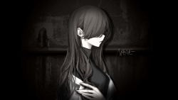 Rule 34 | 1girl, black shirt, blouse, brown hair, from side, highres, jacket, long hair, narue, off shoulder, original, pale skin, parted lips, profile, shirt, signature, solo
