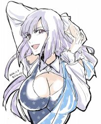 1girl bare_shoulders blue_tank_top blush breasts cleavage clothing_cutout dated earrings gundam gundam_zz highres jewelry large_breasts long_hair looking_at_viewer open_mouth purple_eyes purple_hair red_eyes roux_louka shoulder_cutout signature smile solo spandex tank_top upper_body white_background yanada_kiyorin