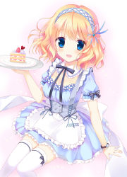Rule 34 | 1girl, :d, bad id, bad pixiv id, blonde hair, blue eyes, breasts, cake, cleavage, detached collar, dress, food, fruit, hairband, highres, kimishima ao, lolita hairband, open mouth, original, plate, short hair, smile, solo, strawberry, strawberry shortcake, thighhighs, watch, white thighhighs, wristwatch