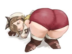 Rule 34 | 1girl, all fours, artist request, ass, atelier (series), atelier ryza, blush, boots, brown eyes, brown hair, cameltoe, from behind, gloves, hat, hooded vest, huge ass, looking at viewer, looking back, open mouth, pantylines, red shorts, reisalin stout, short hair, short shorts, shorts, single glove, skindentation, solo, thick thighs, thigh boots, thighhighs, thighs, top-down bottom-up, wide hips