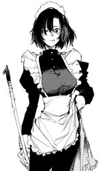 Rule 34 | 1girl, absurdres, adjusting clothes, apron, bags under eyes, black hair, female focus, greyscale, hair over one eye, halftone, hatching (texture), highres, looking at viewer, maid, maid apron, maid headdress, monochrome, original, parted lips, solo, uneven eyes, yuioni